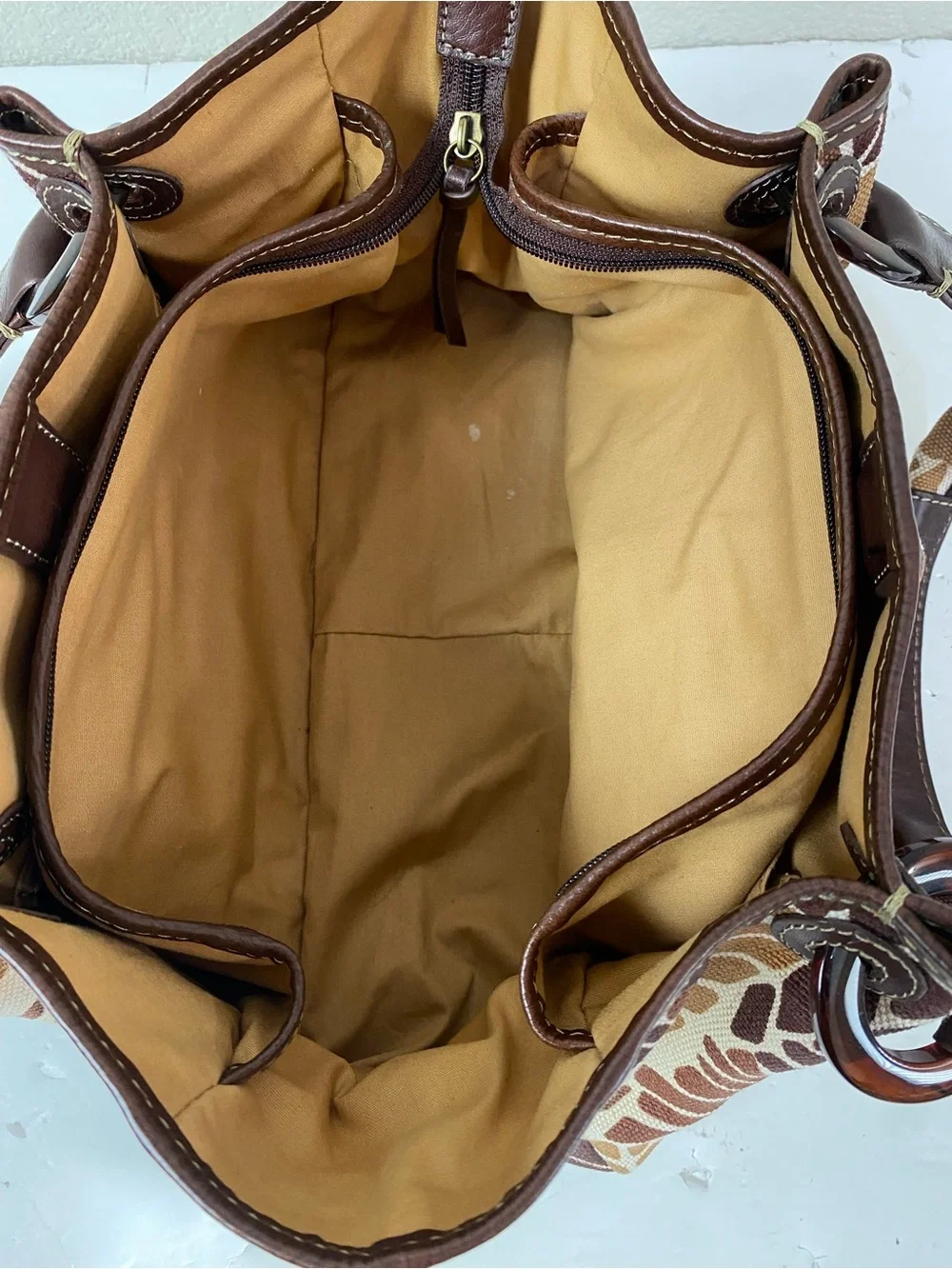 Fossil Tan/Brown Tropical Print Canvas Shoulder Bag